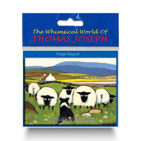 Refrigerator magnet showing sheep listening to border collie