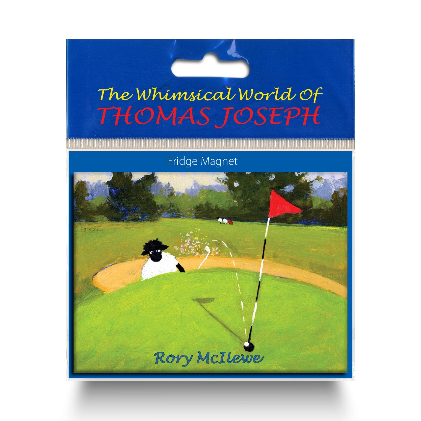 Refrigerator magnet showing a sheep hitting a golf ball