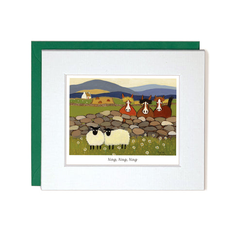 Notecard farm animals meeting at stone wall