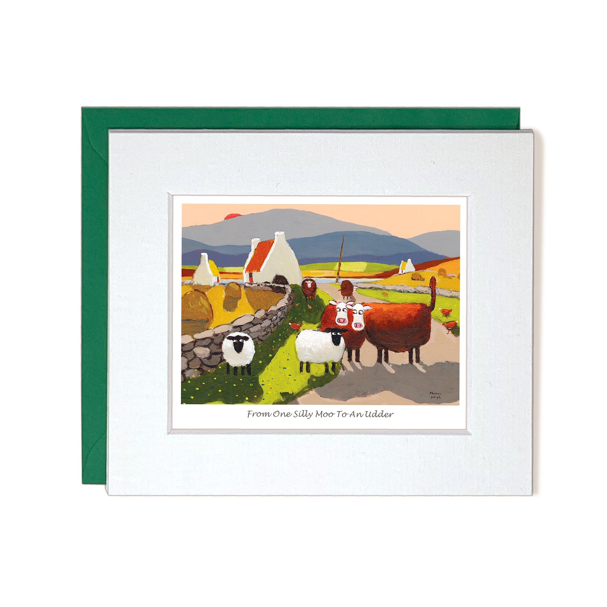 Notecard farm animals in the middle of a road talking to each other
