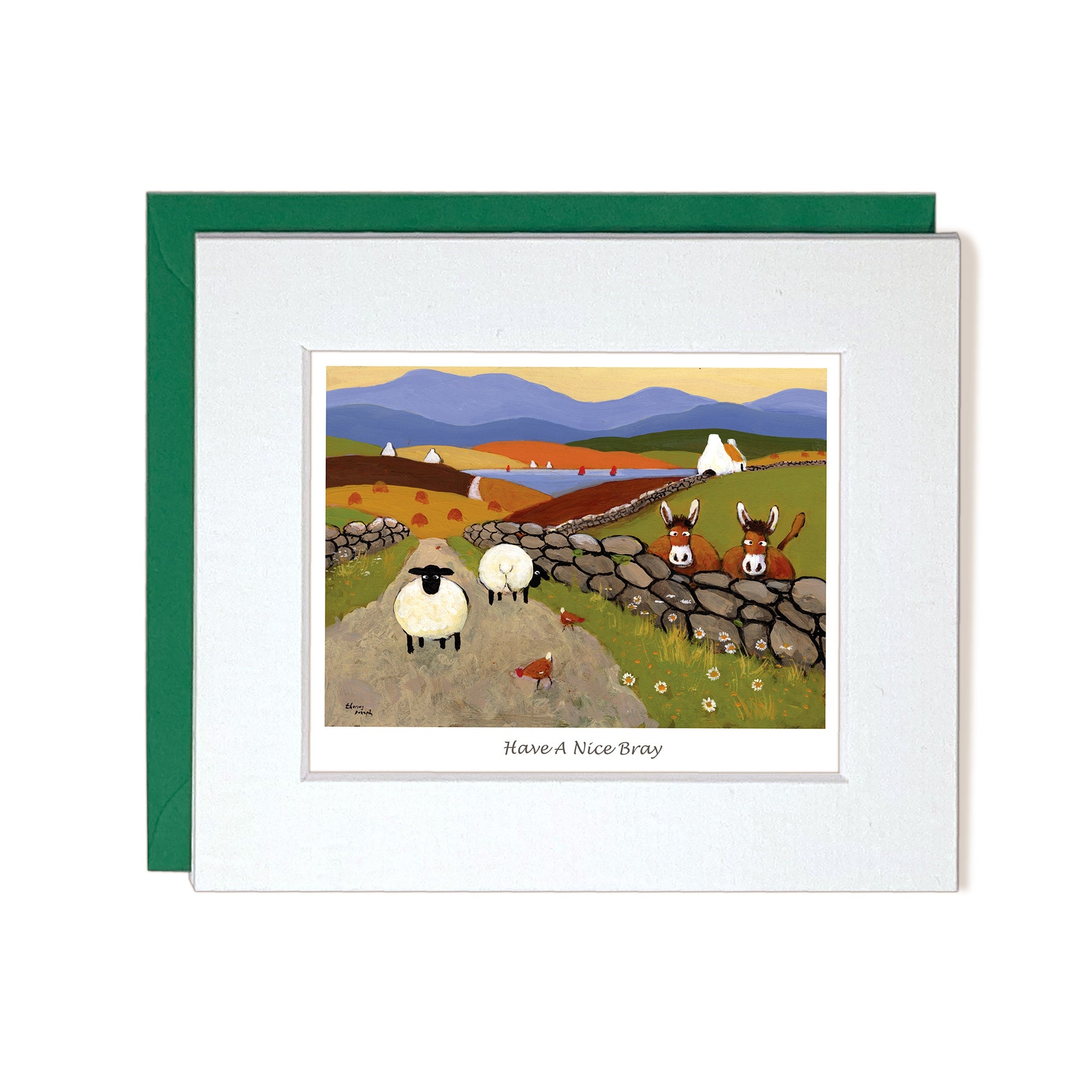 Greeting Card country road with stone wall