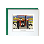 Card with mount sheep following tractor