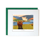 Card with mount highland cow and chicken