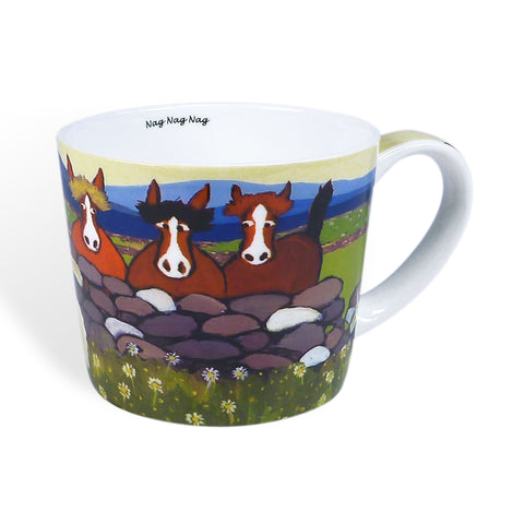 Ceramic mug with horses leaning over wall