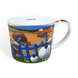 Ceramic mug sheep standing in front of a blue gate