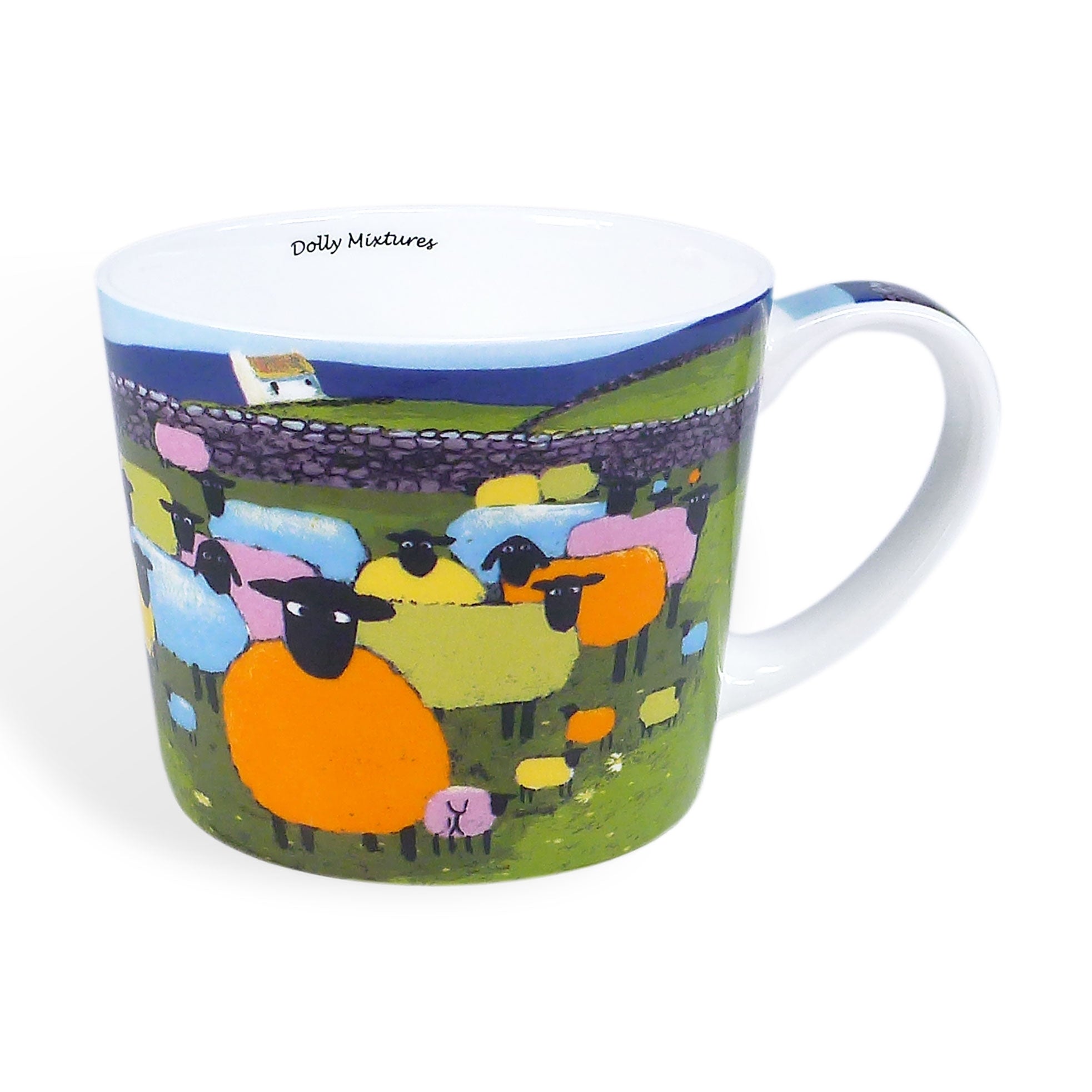 New bone china mug with sheep on a farm standing on green grass