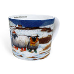 Tea mug showing sheep standing in the snow on a farm