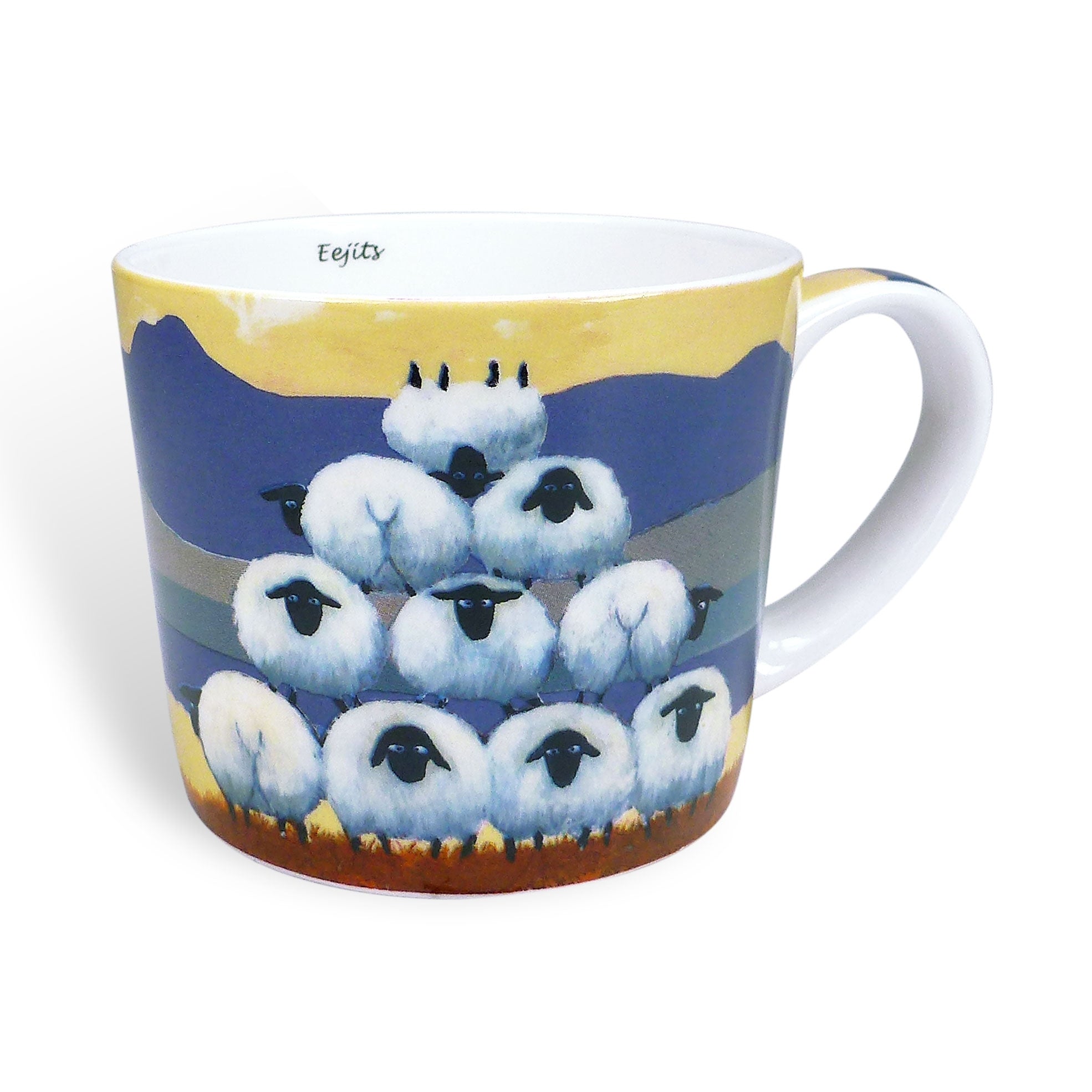 Ceramic mug with sheep performing acrobatics