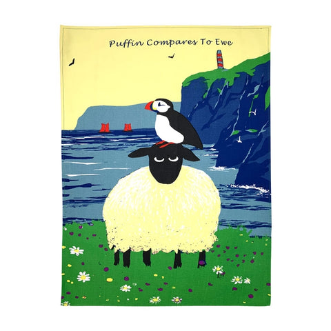 Puffin on a sheeps head tea towel