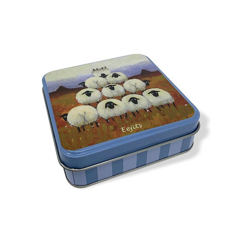 Storage tin with acrobatic sheep artwork printed on it