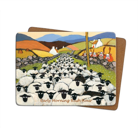 Beautiful Cork-backed table mat displaying a group of sheep crowded on a busy country lane.